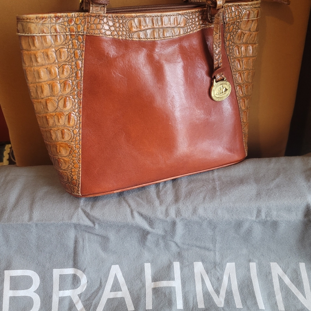 AS NEW! BRAHMIN TUSCAN VINTAGE COGNAC BROWN LEATHER CROC TOTE BAG PURSE +DUSTBAG